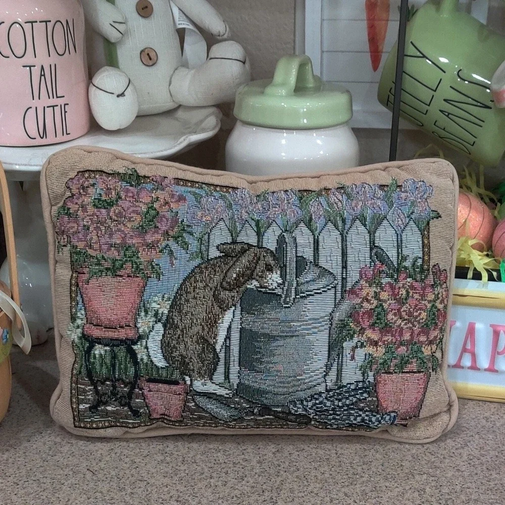 Grannycore Cottagecore Easter Tapestry Bunny Watering‎ Can Floral Pillow